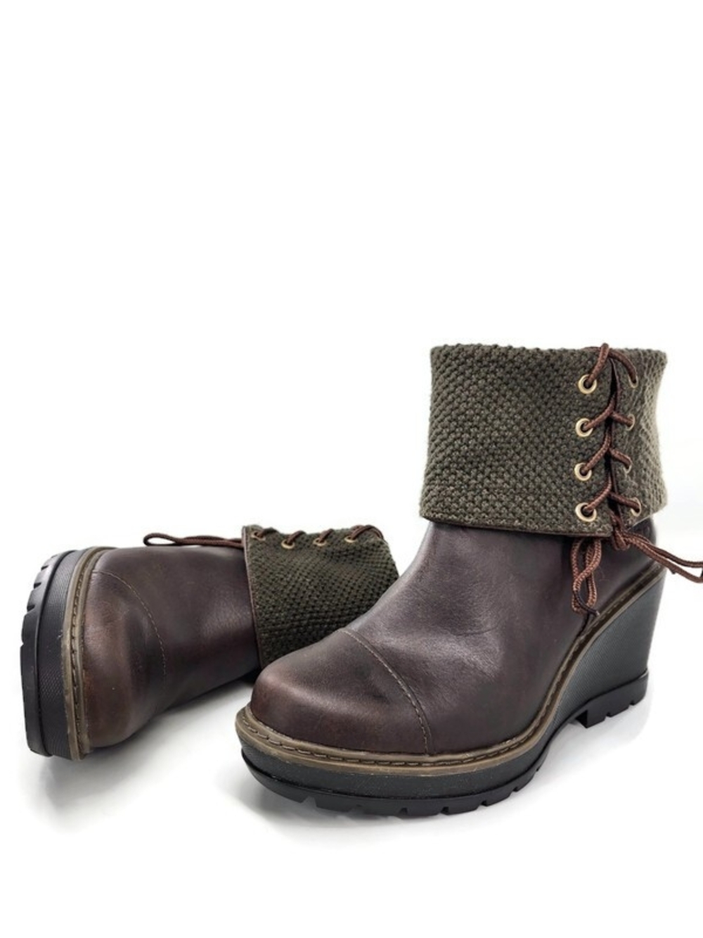 Timberland Kellis Brown Leather Olive Fold Down Side Lace Lug Sole Ankle Boots